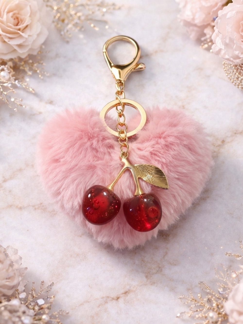 NWOT Pink Heart Pom Pom Keychain with Red Cherry Charm
